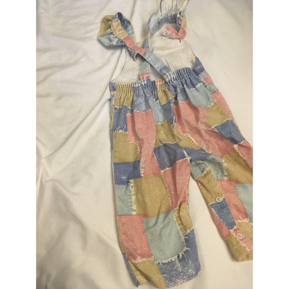Vintage Pink Blue Ruffle Sleeve Cotton Long Overalls Romper 18 Months THOMAS - Picture 8 of 10